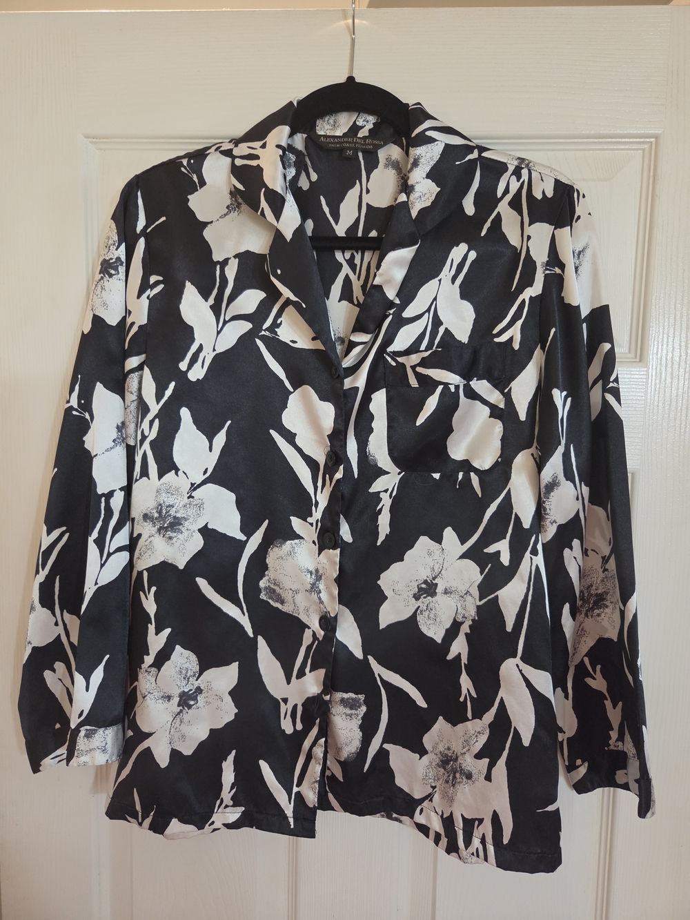 Black & White Floral Satin Button-Up Top